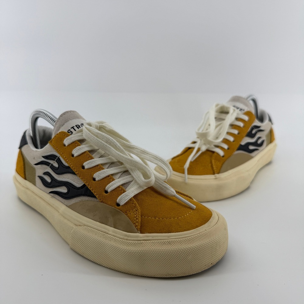 Straye Logan Skate Shoes Mens Size 8 Yellow Flame Graphic Suede‎ Canvas Low Top